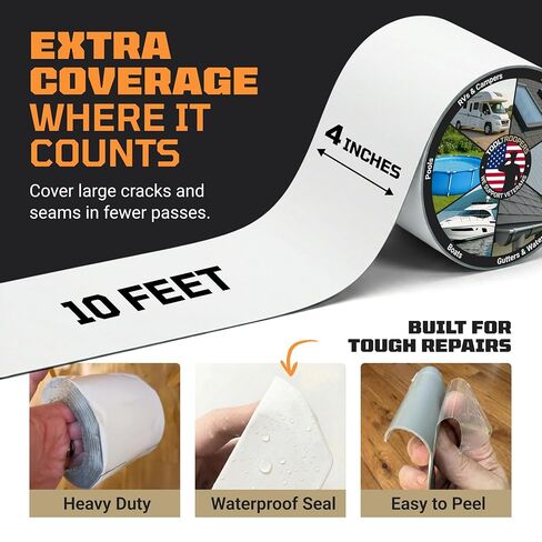 شريط مانع للتسرب مقاوم للماء من TITANPATCH PRO - أبيض 4 بوصة × 10 بوصة - يمنع التسربات بسرعة ويبقى مغلقًا لمدة تزيد عن 15 عامًا - يلتصق بالمركبات الترفيهية والأسقف وحمامات السباحة والقوارب والمزاريب - مصمم للطقس القاسي (-40 درجة فهرنهايت إلى 190 درجة فهرن in Kuwait