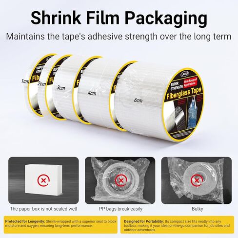 شريط ربط، شريط تعبئة مقوى بالألياف الزجاجية، شبكة معززة شفافة ذاتية اللصق شديدة التحمل للاستخدام على نطاق واسع (2 سم × 65.5 قدم) in Kuwait