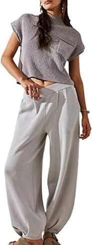 Womens 2 Piece Outfits Sweater Sets Short Sleeve Knitted Pullover Tops High Waisted Pants with Pockets in Kuwait