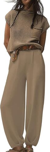 Womens 2 Piece Outfits Sweater Sets Short Sleeve Knitted Pullover Tops High Waisted Pants with Pockets in Kuwait