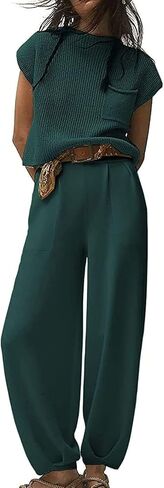 Womens 2 Piece Outfits Sweater Sets Short Sleeve Knitted Pullover Tops High Waisted Pants with Pockets in Kuwait