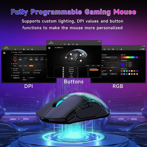 FFJ Wireless Gaming Mouse - 26000 dpi ، 58g فئران للألعاب خفيفة للغاية مع عرض الشاشة ، 3 أوضاع 2.4 جيجا هرتز/Bluetooth/سلكية ، أزرار قابلة للبرمجة ، متوافقة مع MAC PCBOP PS5 PS5 Black in Kuwait