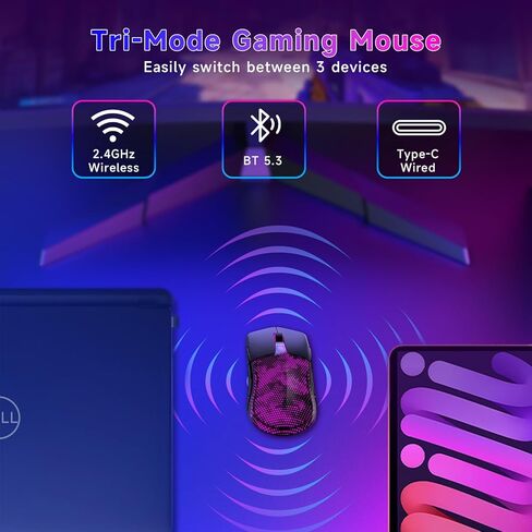 FFJ Wireless Gaming Mouse - 26000 dpi ، 58g فئران للألعاب خفيفة للغاية مع عرض الشاشة ، 3 أوضاع 2.4 جيجا هرتز/Bluetooth/سلكية ، أزرار قابلة للبرمجة ، متوافقة مع MAC PCBOP PS5 PS5 Black in Kuwait
