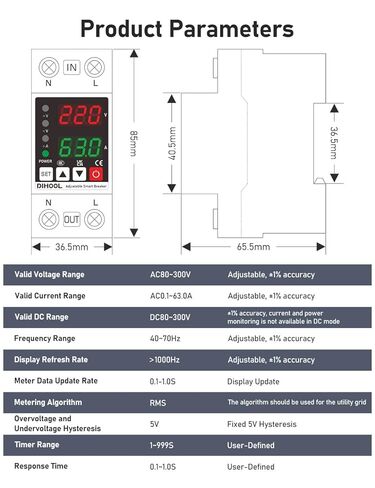 DIHOOL Smart Circuit Breaker with Adjustable Voltage Protection, 70-200V Low and 140-300V High Cutoff, 1-63A Overcurrent Protector, AC Disconnect Switch, DIN Rail Mount in Saudi Arabia