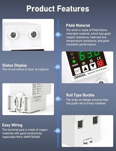 DIHOOL Smart Circuit Breaker with Adjustable Voltage Protection, 70-200V Low and 140-300V High Cutoff, 1-63A Overcurrent Protector, AC Disconnect Switch, DIN Rail Mount in Saudi Arabia
