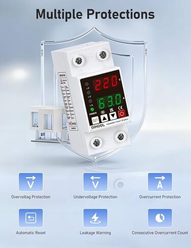 DIHOOL Smart Circuit Breaker with Adjustable Voltage Protection, 70-200V Low and 140-300V High Cutoff, 1-63A Overcurrent Protector, AC Disconnect Switch, DIN Rail Mount in Saudi Arabia