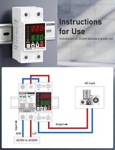DIHOOL Smart Circuit Breaker with Adjustable Voltage Protection, 70-200V Low and 140-300V High Cutoff, 1-63A Overcurrent Protector, AC Disconnect Switch, DIN Rail Mount in Saudi Arabia