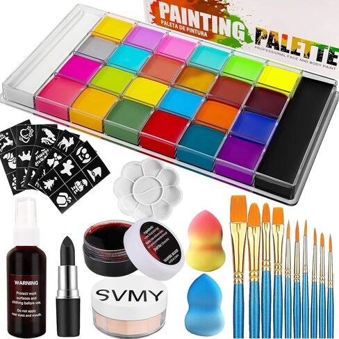 26 ألوان مجموعة طلاء جسم الوجه الاحترافية ، طقم الطلاء بالزيت وجسمه لجميع القديسين ، بما في ذلك 36 لونًا من الطلاء/ الطلاء/ فرش/ فرش/ مؤثرات خاصة ملصق للدم الهالوين/ مزيف الدم (مجموعة 2) in Kuwait