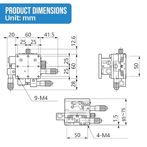 المرحلة الخطية اليدوية XYZ ذات 3 محاور، طاولة منزلقة لمنصة ضبط محمل التشذيب، طاولة رفع الإزاحة 60 × 60 مم لمراكز البحث والتطوير في المختبرات والتصنيع الدقيق in Kuwait