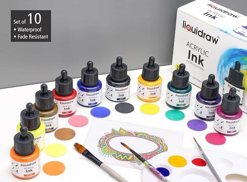 Acrylic Inks for Artists Set of 10 Ink Set 35ml Professional for Painting, Drawing, Paints, Art, Brushes in Kuwait
