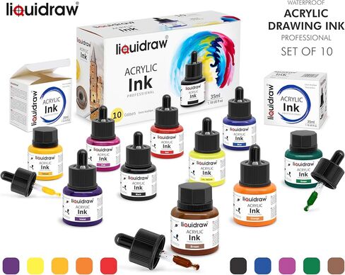 Acrylic Inks for Artists Set of 10 Ink Set 35ml Professional for Painting, Drawing, Paints, Art, Brushes in Kuwait