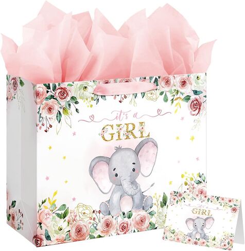 13" Large Baby Shower Birthday Gift Bag for Girl with Tissue Papers and Card Pink Floral Elephant Design with Handles in Saudi Arabia