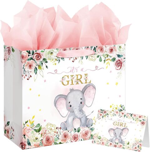 13" Large Baby Shower Birthday Gift Bag for Girl with Tissue Papers and Card Pink Floral Elephant Design with Handles in Kuwait