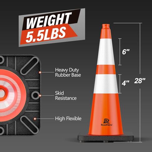 RoadHero 8 Pack 28 Inch 5.5 Lb Traffic Cones with Heavy Black Base, Orange Safety Cone with Reflective Collar for Parking Lot, Construction Work, Road Safety in Saudi Arabia