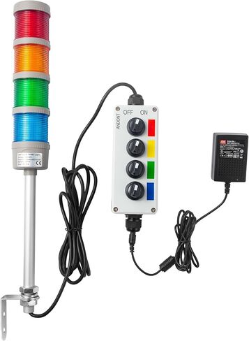 4-Stack LED Andon Tower Signal Light، أحمر / أصفر / أخضر / أزرق، تشغيل / إيقاف، مفتاح محدد ABB، متوسط ​​محول طاقة صناعي جيد بطول 6 أقدام و32 قدمًا، سلك تمديد، تصنيف IP65، التوصيل والتشغيل in Kuwait