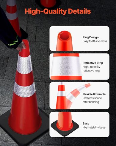 VEVOR Safety Cones, 6 Pack 36" Traffic Cones, PVC Orange Construction Cones with Reflective Collars and Black Weighted Base, for Traffic Control, Driveway Road Parking and School Improvement in Kuwait