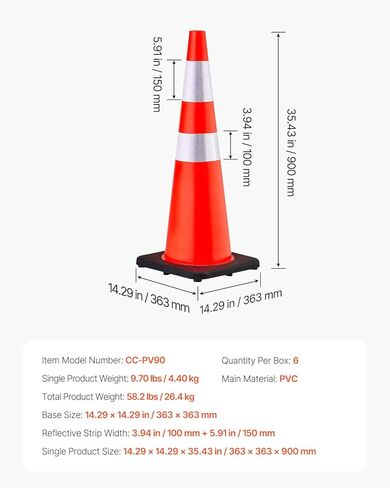 VEVOR Safety Cones, 6 Pack 36" Traffic Cones, PVC Orange Construction Cones with Reflective Collars and Black Weighted Base, for Traffic Control, Driveway Road Parking and School Improvement in Kuwait