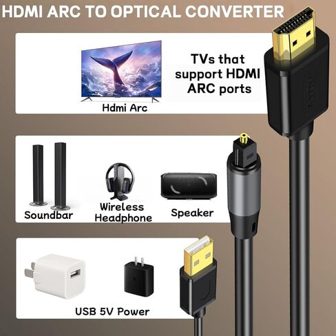 192 كيلو هرتز HDMI ARC إلى محول الصوت البصري 6FT، ARC إلى كابل مستخرج الصوت البصري، التوصيل والتشغيل، AR C إلى O محول الصوت البصري للتلفزيون عالي الوضوح إلى مكبر الصوت، مكبر الصوت - [بدون CEC] in Kuwait