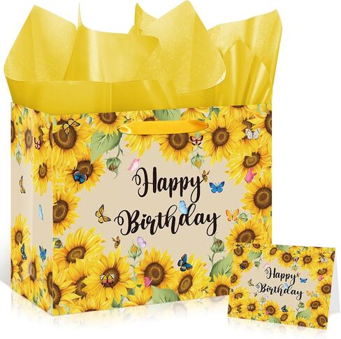Large Sunflower Gift Bag with Tissue Paper and Greeting Card Sunflower Party Favor Bags Decorations Floral Sunflower Treat Candy Paper Bag Sunflower Wrapping Paper for Wedding Birthday Christmas Gift in Saudi Arabia