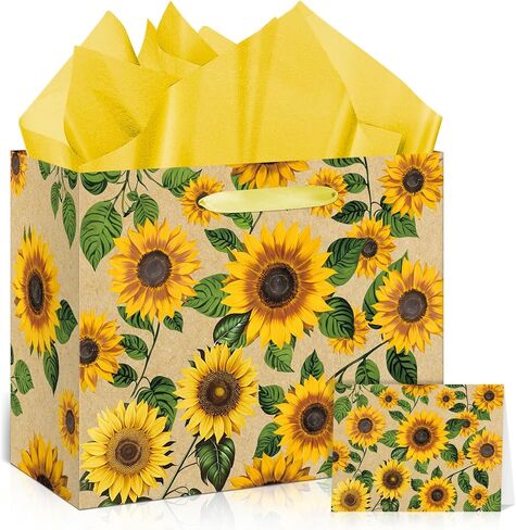 Large Sunflower Gift Bag with Tissue Paper and Greeting Card Sunflower Party Favor Bags Decorations Floral Sunflower Treat Candy Paper Bag Sunflower Wrapping Paper for Wedding Birthday Christmas Gift in Kuwait