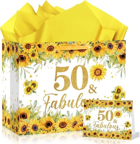 Large Sunflower Gift Bag with Tissue Paper and Greeting Card Sunflower Party Favor Bags Decorations Floral Sunflower Treat Candy Paper Bag Sunflower Wrapping Paper for Wedding Birthday Christmas Gift in Saudi Arabia
