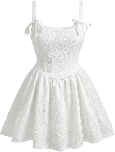 Women's Cute Plus Size Jacquard Bow Front Sleeveless Wide Strap High Waist Slim Fit Cami Dress A Line Dresses in Kuwait