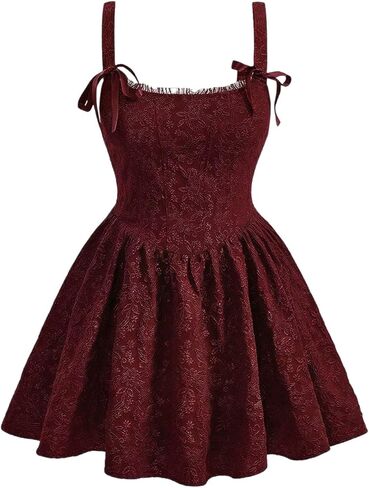 Women's Cute Plus Size Jacquard Bow Front Sleeveless Wide Strap High Waist Slim Fit Cami Dress A Line Dresses in Kuwait