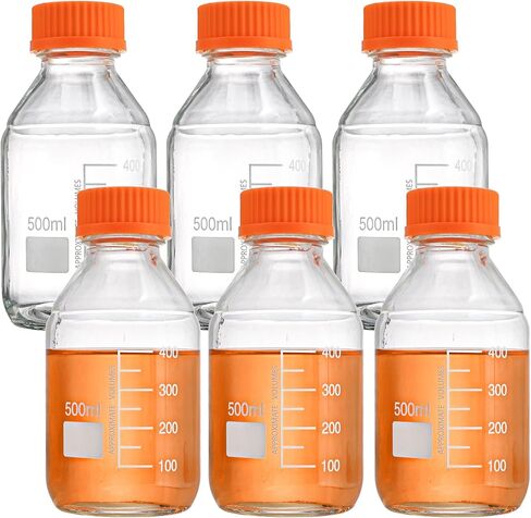 Yopay 6 Pack Media Storage Bottles 500ml, Reusable Glass Bottle with GL45 Screw Cap, Round Leakproof Scientific Glass Container for Labs, Classrooms or Home Use in Saudi Arabia