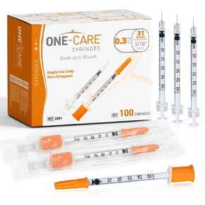 ONE-CARE Syringe 0.3 ml/cc, 31G x 5/16’’ (8mm), Individually Wrapped, Orange Cap, Box of 100 pcs in Kuwait