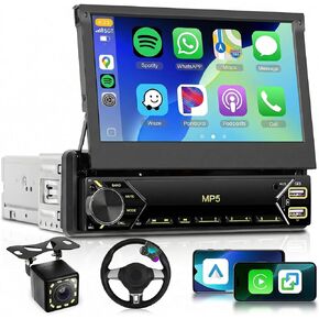 Single Din Car Stereo with Wireless Carplay Android Auto,Sellrich 7 inch Flip Out Touch Screen Bluetooth Car Radio with YouTube Mirror Link FM Dual USB/AUX/Type-C Ports External Mic SWC Backup Camera in Kuwait