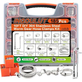 185Pcs Stainless Steel Hose Clamps Assortment Kit 1/4"to 2"(6-51mm)+10FT Metal Strap+8Pcs Fasteners Adjustable Worm Gear Hose Clamps for Automotive/Garden/Water Pipe/Sprinkler Line/Fuel Line in Kuwait