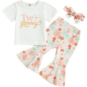 CHAUKAREAUL Toddler Girl Birthday Outfit Wild 1-5 Birthday Short Sleeve Romper Shirts Bodysuit Leopard Print Bell Bottom Pant in Kuwait