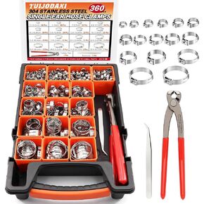 360PCS Single Ear Hose Clamp Kit, 16-Sizes 5.3-36.1mm 304 Stainless Steel Stepless Clamps with Pliers, for Automotive, PEX Pipe, Fuel Line, Home Appliance & Industrial Use in Kuwait