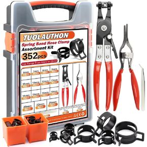 355Pcs 6-25mm Spring Band Hose Clamp Assortment Kit,15 Sizes Black Pipe Clip for Fuel Line,Silicone Hose,Air Tube,Water Pipe Fasteners with Swivel Jaw Plier,Hose Removal Plier and Tweezers in Kuwait