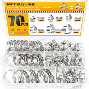 70PCS Hose Clamp Assortment Kit, 304 Stainless Steel Adjustable Worm Gear Hose Clamps Set, 1/4" to 1 1/2" (6-38mm) Range, Heavy Duty Pipe Clamps for Automotive, Plumbing, and Fuel Line in Saudi Arabia