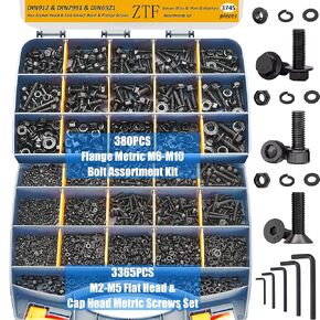 ZTF 3745 قطعة مجموعة متنوعة من الصواميل والمسامير، مجموعة مسامير شفة مترية ومجموعة متنوعة من البراغي M2 M3 M4 M5 M6x1.0 M8x1.25 M10x1.5 بولت (4-45 مم) 42 مقاسًا مقبس سداسي برأس مسطح ورأس غطاء برغي متري in Kuwait