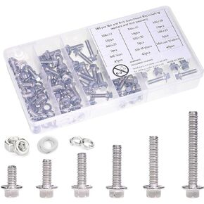 M6-1.0 x 12/16/20/30/45 مجموعة متنوعة من البراغي السداسية ذات الحافة، 180 قطعة من مسامير وصواميل رأس شفة مترية من الفولاذ المقاوم للصدأ. in Kuwait