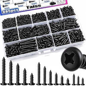 Taiss 685 قطعة M2 M3 M4 فيليبس بان هيد مجموعة متنوعة من مسامير الخشب ذاتية التنصت، 14 مقاسًا من مسامير التنصت الذاتية للبلاستيك، مسامير سوداء من الصلب الكربوني المتقاطع للخشب والمعادن الناعمة والبلاستيك in Kuwait