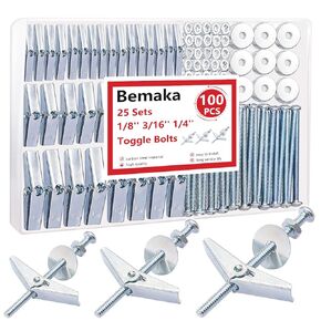 100Pcs Toggle Bolts Heavy Duty Drywall Anchors and Screws Kit, 3 Sizes 1/8" 3/16" 1/4" Hollow Wall Anchors, Toggle Bolts and Wing Nut Kit with Nuts Washers (25Sets) in Kuwait