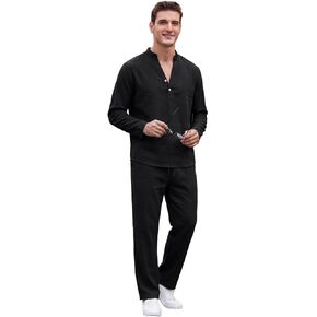 طقم رجالي مكون من قطعتين من القطن والكتان لفصل الصيف، قمصان هينلي بأكمام طويلة وسراويل فضفاضة in Kuwait