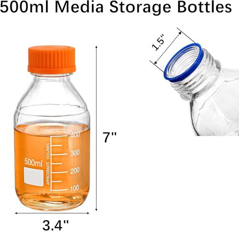 Yopay 6 Pack Media Storage Bottles 500ml, Reusable Glass Bottle with GL45 Screw Cap, Round Leakproof Scientific Glass Container for Labs, Classrooms or Home Use in Saudi Arabia