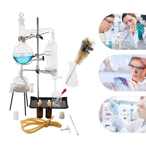طقم جهاز تقطير زجاجي 500 مل، البورسليكات، مجموعة مكونة من 15 قطعة، لاستخراج الزيوت العطرية، والتقطير المنزلي، ومختبر الكيمياء in Kuwait