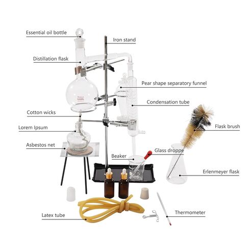 طقم جهاز تقطير زجاجي 500 مل، البورسليكات، مجموعة مكونة من 15 قطعة، لاستخراج الزيوت العطرية، والتقطير المنزلي، ومختبر الكيمياء in Kuwait