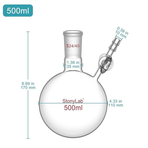 stonylab Reaction Flask with Glass Stopcock Valve, 24/40 Joint, Borosilicate Glass Single-Neck Round Bottom Flask, for Laboratory Experiments and Applications, 500 ml in Saudi Arabia