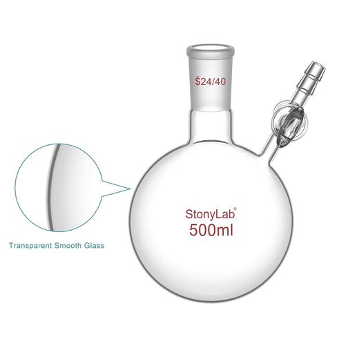 stonylab Reaction Flask with Glass Stopcock Valve, 24/40 Joint, Borosilicate Glass Single-Neck Round Bottom Flask, for Laboratory Experiments and Applications, 500 ml in Saudi Arabia