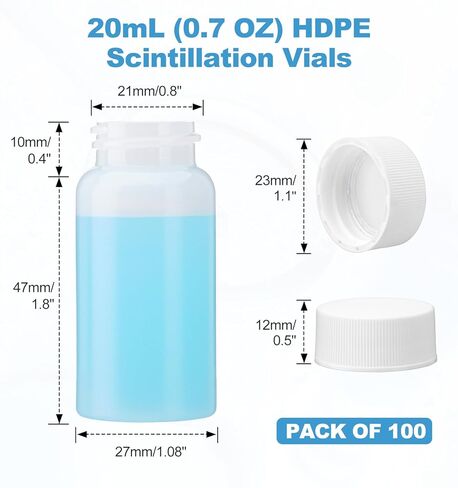 FOUR E'S SCIENTIFIC 20mL HDPE Scintillation Vial, 100 PCS Liquid Scintillation Counting Vials with 22-400 White Screw Cap with Silver Aluminum Foil Liner in Kuwait