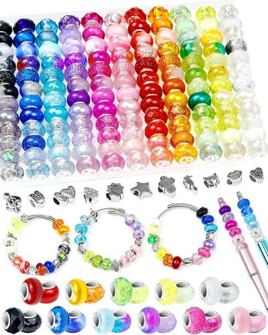 143pcs Fiveizero European Beads - 12 لونًا من الخرز الزجاجي الثقب الكبير لصنع المجوهرات ، والخرز المتنوع للأساور والقلائد والحرف اليدوية DIY in Saudi Arabia