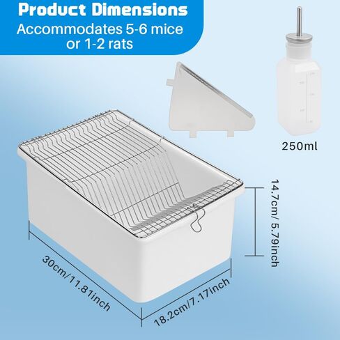 قفص قوارض الفئران المختبرية مكون من قطعتين، PP ذو درجة حرارة عالية وضغط عالي مع زجاجة ماء سيليكون سعة 250 مل من الألومنيوم لحفظ الطعام من أجل 5-6 فئران أو 1-2 فئران (12.59 بوصة × 8.46 بوصة × 6.69 بوصة) in Kuwait
