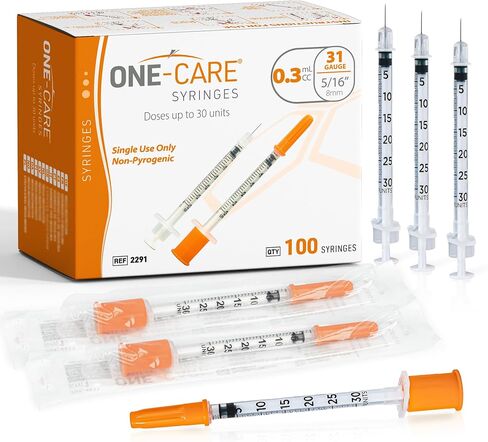 ONE-CARE Syringe 0.3 ml/cc, 31G x 5/16’’ (8mm), Individually Wrapped, Orange Cap, Box of 100 pcs in Kuwait
