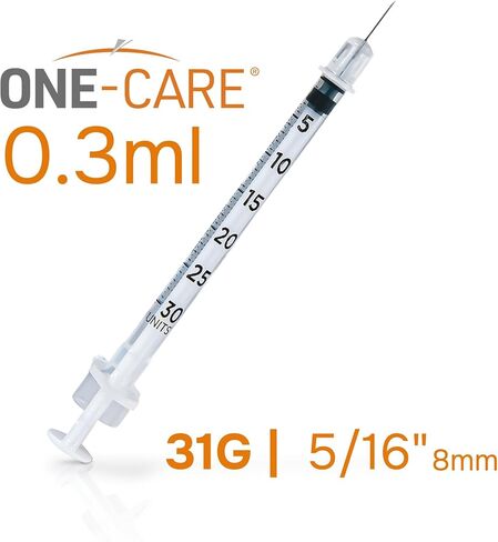 ONE-CARE Syringe 0.3 ml/cc, 31G x 5/16’’ (8mm), Individually Wrapped, Orange Cap, Box of 100 pcs in Kuwait